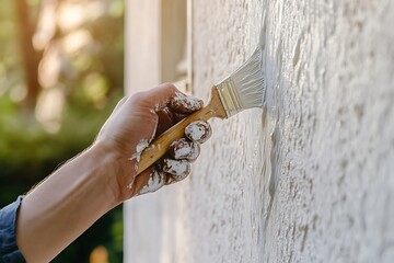 Hand Painting Wall with Wooden Paintbrush  - House Renovation