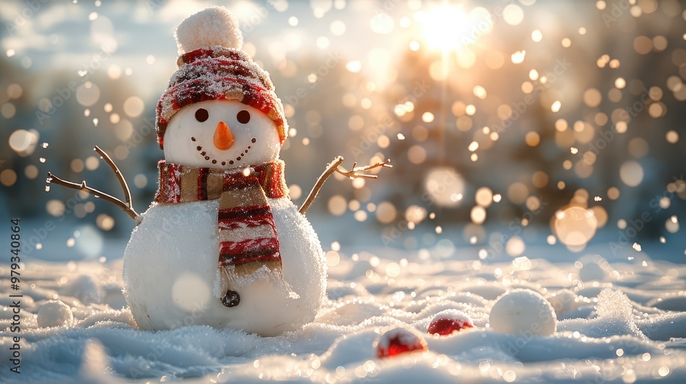 Poster a cheerful snowman standing in a snowy landscape, with large snowflakes gently falling from the sky.