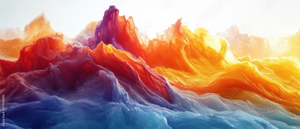 Poster 3d render of a digital ink drop evolving into a colorful landscape, with clean edges, high resolutio