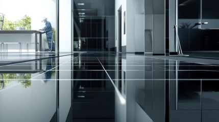 In a sleek, futuristic home, an installer is laying polished black tiles with a reflective surface in the dining area