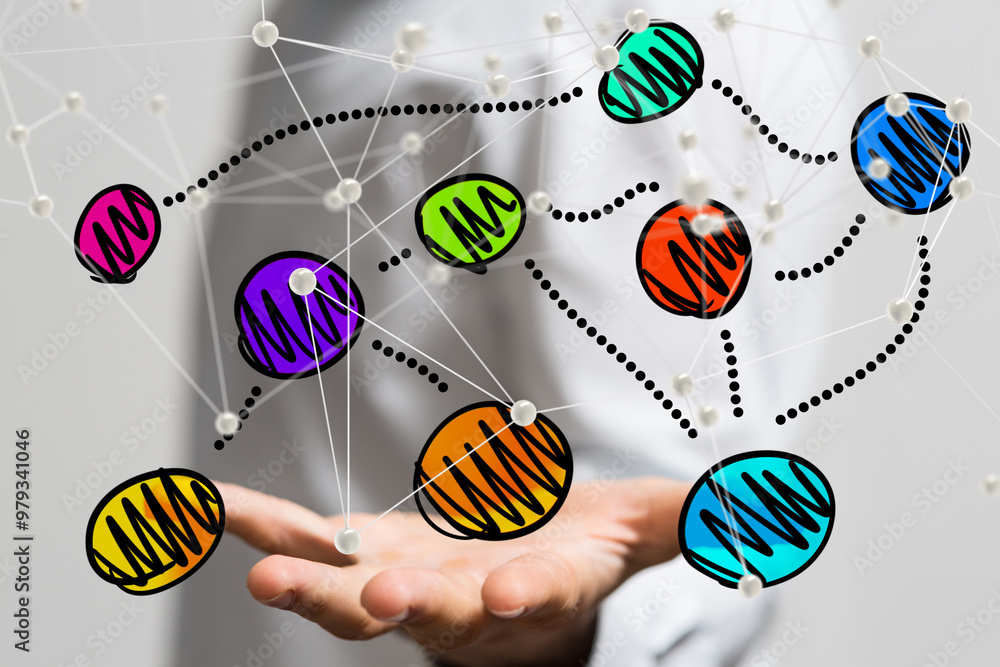 Poster Global network. Blockchain. 3D illustration. Neural networks and artificial intelligence. Abstract