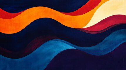 Fototapeta premium A bold dynamic wave composition with deep navy blue, rich crimson, and bright orange, creating flowing, abstract shapes with high energy.