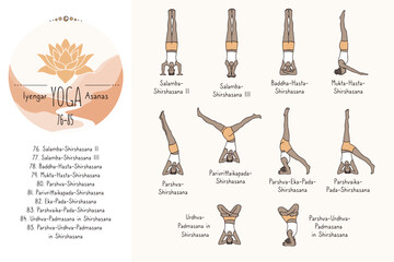 Hand drawn hatha yoga poses and their sanskrit names, Iyangar yoga asanas 76-85