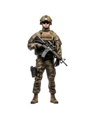 Soldier in camouflage uniform with assault rifle for military, army, combat, war, security, defense, protection, and armed forces concepts. Generative AI