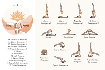 Hand drawn hatha yoga poses and their sanskrit names, Iyangar yoga asanas 86-97