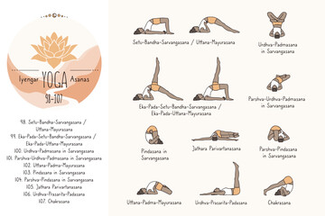 Hand drawn hatha yoga poses and their sanskrit names, Iyangar yoga asanas 98-107