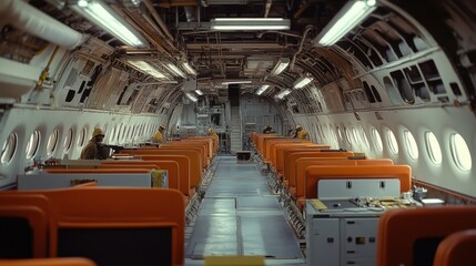 In the aircraft interior assembly area, workers are installing passenger seats