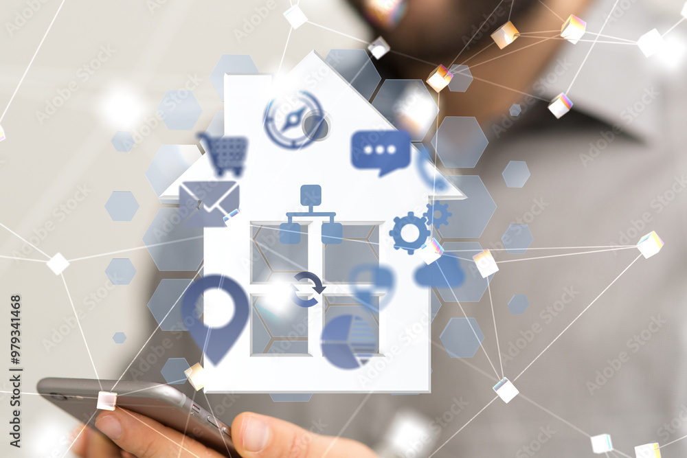 Poster home iot - Neural network 3D illustration. Big data and cybersecurity
