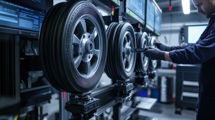 Fototapeta premium In the balancing and alignment section, alloy wheels are being mounted on balancing machines