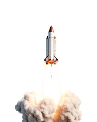 Rockets take off on a white backdrop, spewing white smoke and orange flames. Fit for concepts with a space theme and a science, technology, or inventive theme. Generative AI