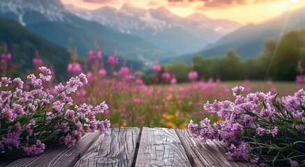 Fototapeta premium A wooden table in nature, mountains in pink and purple tones in the background; meadow flowers and herbs and a bunch are on the table. Generative AI.