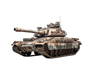 Camouflaged military tank suitable for military, warfare, and defense concepts. Shows tracks, cannons, and turrets. Perfect for war themed designs and projects. Generative AI