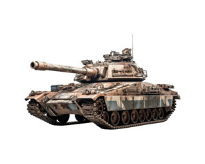 Camouflaged military tank suitable for military, warfare, and defense concepts. Shows tracks, cannons, and turrets. Perfect for war themed designs and projects. Generative AI