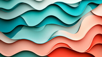 A bright, modern paper cut wave design with wavy shapes in teal, coral, and light grey, creating a fresh, dynamic look.