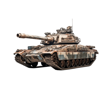 Camouflaged military tank suitable for military, warfare, and defense concepts. Shows tracks, cannons, and turrets. Perfect for war themed designs and projects. Generative AI
