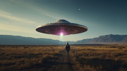 Alien craft descends softly into a serene desert setting, evoking a sense of cosmic wonder