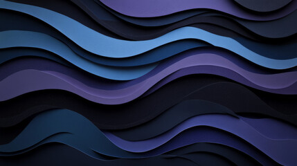 Fototapeta premium A dark abstract paper cut design with smooth, flowing waves in deep navy blue, charcoal black, and dark purple, creating a mysterious, layered texture.