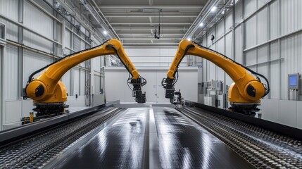 In the composite materials section, robotic arms are laying down layers of carbon fiber to create lightweight and strong aircraft wings. The process is automated