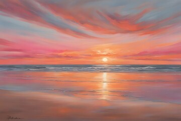 Obraz premium A serene beach at sunset with the sun dipping below the horizon painting the sky in shades of orange and pink, AI Generated