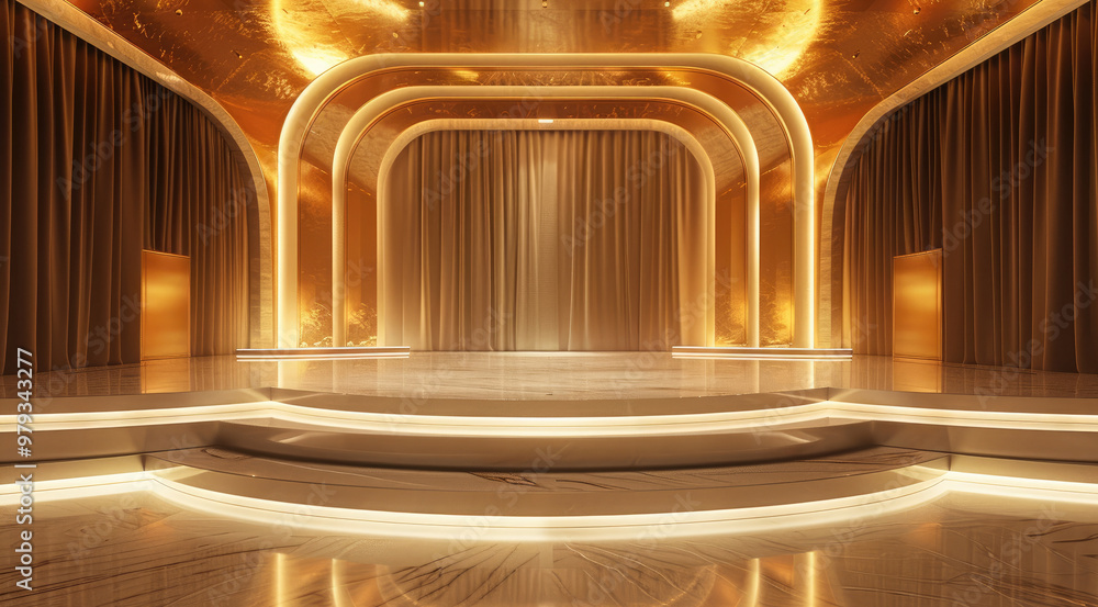 Poster gold stage, luxurious gold stage with glittering lights and bokeh effects, adorned with elegant deco