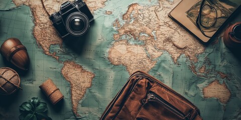 Travel essentials laid out including a world map, camera, vintage book, eyeglasses, and a leather backpack.