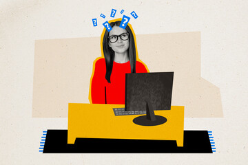 Photo collage artwork minimal picture of thoughtful lady working modern gadget isolated graphical...