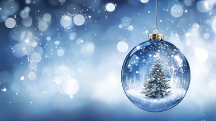 glass transparent christmas ball with christmas tree inside on abstract blue background with bokeh and highlights