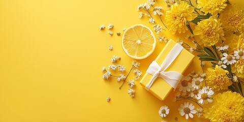A yellow gift box tied with a white ribbon, surrounded by flowers and a lemon slice, sits elegantly on a yellow background.