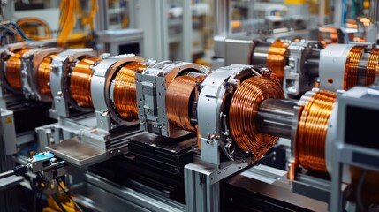 Fototapeta premium In the electric motor winding section, machines are automatically winding copper wire onto stator cores with extreme precision