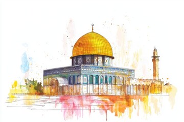 Obraz premium Colorful watercolor painting of a famous mosque with a golden dome and intricate architectural details.