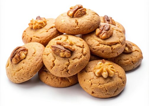 Classic walnut cookies from Greece, isolated on a white studio background, perfect for toppings