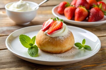 A small serving of kokonte dough is presented on a white plate, garnished with a single strawberry slice and a dollop of yogurt