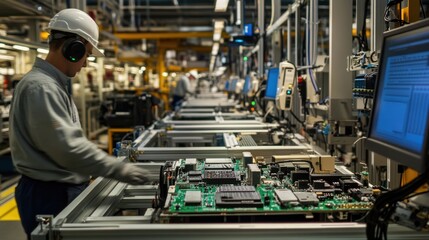 Fototapeta premium In the EV power electronics section, workers are assembling inverters and controllers