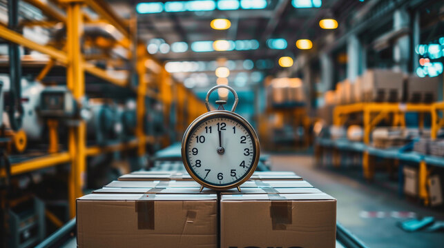 Clock on cardboard boxes in a blurred warehouse background, symbolizing time management in logistics.
