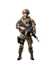 Soldier in camouflage uniform with assault rifle for military, army, combat, war, security, defense, protection, and armed forces concepts. Generative AI