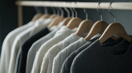 Obraz premium Clothes rack featuring sustainable garments made from organic fibers and repurposed fabrics, minimalist aesthetic, Eco-friendly fashion, Sustainable business