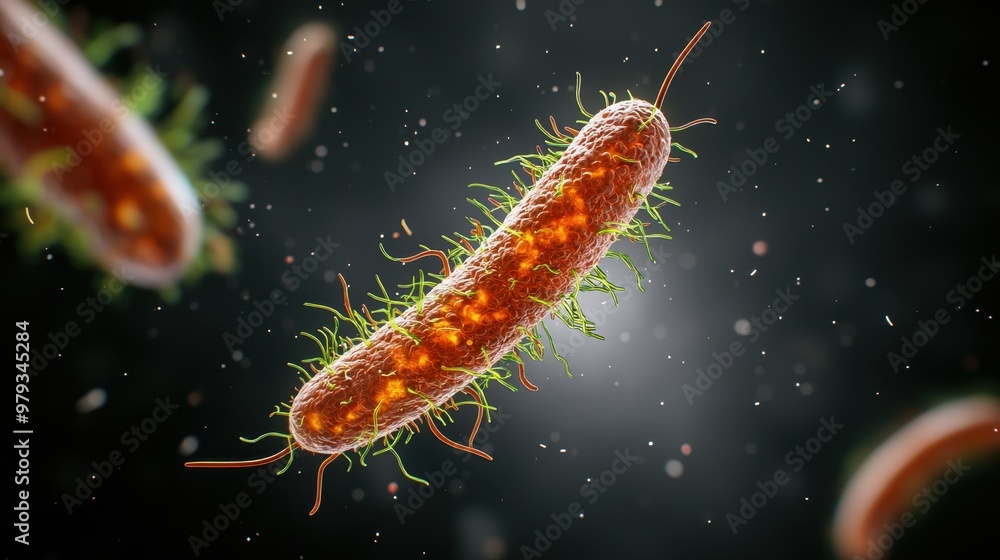 Poster a detailed image of a bacteria with intricate structures, showcasing its vibrant colors and unique f