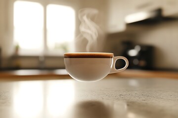 Fototapeta premium Isolated white mug filled with hot black coffee on a brown wooden table