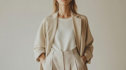 Fashion shoot featuring minimalist sustainable outfits, natural light, clean lines, and neutral tones, Minimalist fashion, Eco-friendly photography