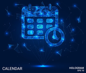 Hologram calendar. The calendar icon consists of polygons, triangles of dots and lines. The calendar is a low-poly compound structure. Technology concept vector.