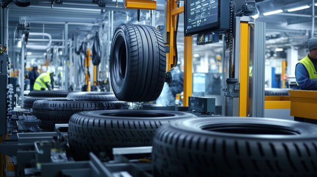 In the final inspection area, workers are examining finished tires for defects