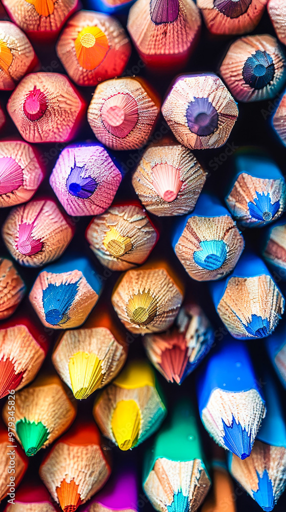 Aufkleber vivid multicolored pencils pile in close-up showing sharpened tips and detailed textures capturing c