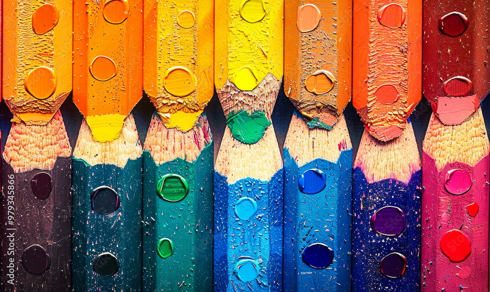 Poster vibrant close-up of colorful sharpened pencils in a rainbow spectrum for art and creativity concepts