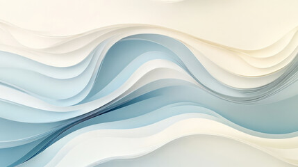 Obraz premium A minimalist abstract paper cut wave design with soft flowing layers in white, cream, and pale blue, creating a clean, elegant look.