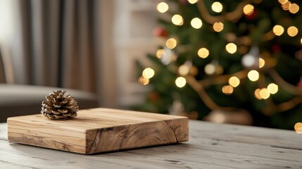 wooden stand for product display against the background of a room decorated with Christmas tree with decorations, new year atmosphere