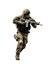 Soldier in camouflage uniform with assault rifle for military, army, combat, war, security, defense, protection, and armed forces concepts. Generative AI