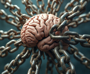 Human brain trapped and bound by heavy chains