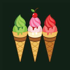 Pistachio, Chocolate, Strawberry and Vanilla Ice Cream in a Cone