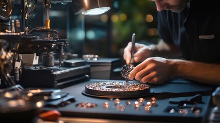 In the gem cutting area, skilled artisans use high-precision tools to cut and shape precious gemstones