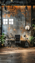 Industrial Chic Office Interior Design with Rustic Wall, Stylish Furniture, and Cozy Lighting - Perfect Workspace for Creative Professionals in a Modern Setting